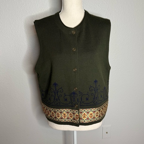 Pendleton green gold ribbon trim Wool blend button front vest ladies Large - Picture 2 of 8